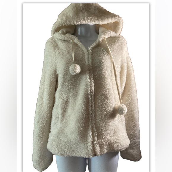 JJ Basics Womens Cream White Furry Pom Pom Hoodie Sweatshirt L Large - Picture 3 of 9